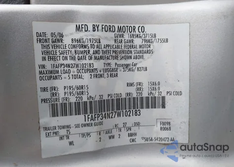 2007 Ford Focus S/Se/Ses из США, поврежденный, VIN 1FAFP34N27W102183